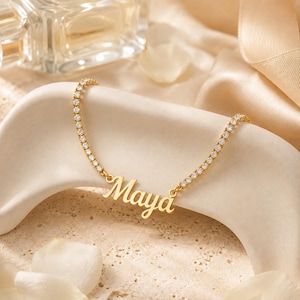 Personalized Arabic/English Name Necklace Iced Out Custom Script Letter Name Necklace, Tennis Chain, Personalized Nameplate Pendant