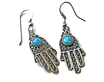 silver filigree opal hand hamsa good luck protection symbol delicate earrings-  free shipment