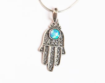 SALE! sterling silver filigree opal stone hand hamsa protection symbol comes on a silver chain necklace-  free shipment