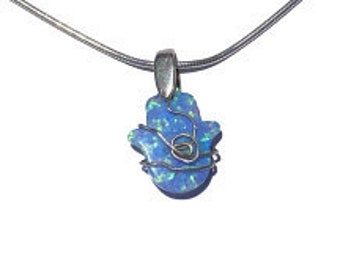hand hamsa opal silver symbol of life wrapped necklace-  free shipment