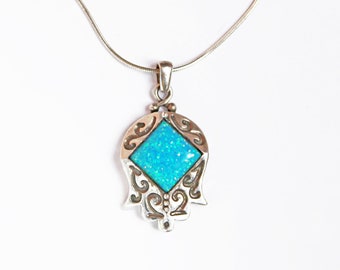 hand hamsa opal silver necklace good luck and abundance symbol -  free shipment