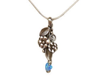 Sale - Flower silver opal heart gentle floral necklace - free shipment