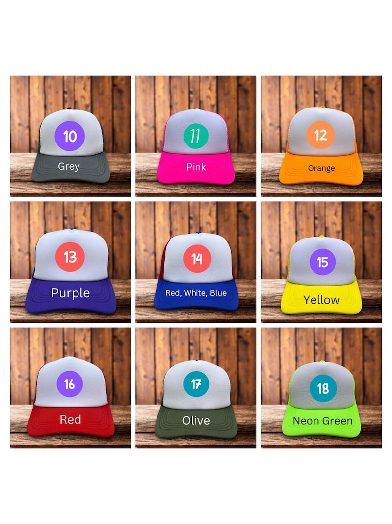 Puede incluir: Se muestran nueve gorras de camionero coloridas con respaldos de malla y viseras curvas. Cada gorra tiene una combinaci&oacute;n de colores diferente, incluyendo gris, rosa, naranja, morado, rojo, oliva y verde ne&oacute;n. Cada gorra tiene un n&uacute;mero y un nombre de color en la parte delantera.