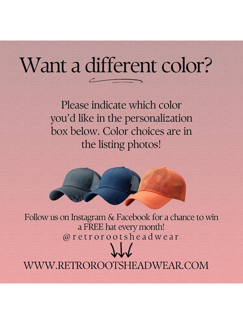 Puede incluir: La imagen presenta tres gorras de b&eacute;isbol en diferentes colores: gris oscuro, azul marino y naranja. El texto de la imagen dice: "&iquest;Quieres un color diferente?" y proporciona instrucciones para la selecci&oacute;n de color. La imagen tambi&eacute;n incluye informaci&oacute;n de redes sociales.