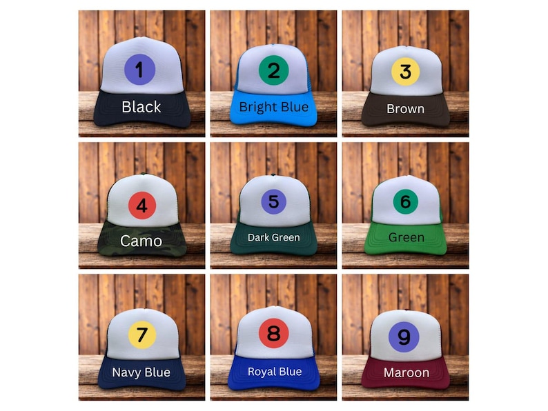 Puede incluir: Una colecci&oacute;n de nueve gorras de camionero en varios colores, cada una con un panel frontal blanco y una visera de color. Las gorras est&aacute;n etiquetadas con n&uacute;meros y nombres de colores: Negro, Azul brillante, Marr&oacute;n, Camuflaje, Verde oscuro, Verde, Azul marino, Azul real y Granate.