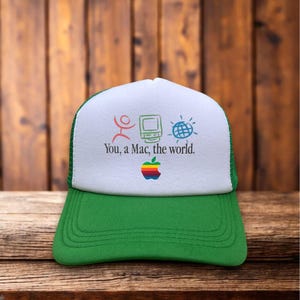 Apple Macintosh Computer Vintage Retro Advertisement Mens Trucker Hat Green 80s logo