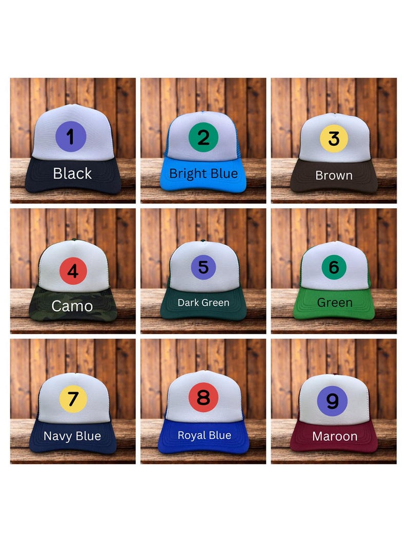 Puede incluir: Se muestran nueve gorras de camionero en varios colores. Cada gorra tiene un panel frontal blanco, una visera de color y una parte trasera de malla negra. Los colores incluyen negro, azul brillante, marr&oacute;n, camuflaje, verde oscuro, verde, azul marino, azul real y granate.