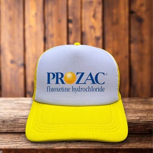 Prozac Fluoxetine Hydrochloride Mens Trucker Hat Yellow Anti-Anxiety Novelty Mental Health Baseball Cap