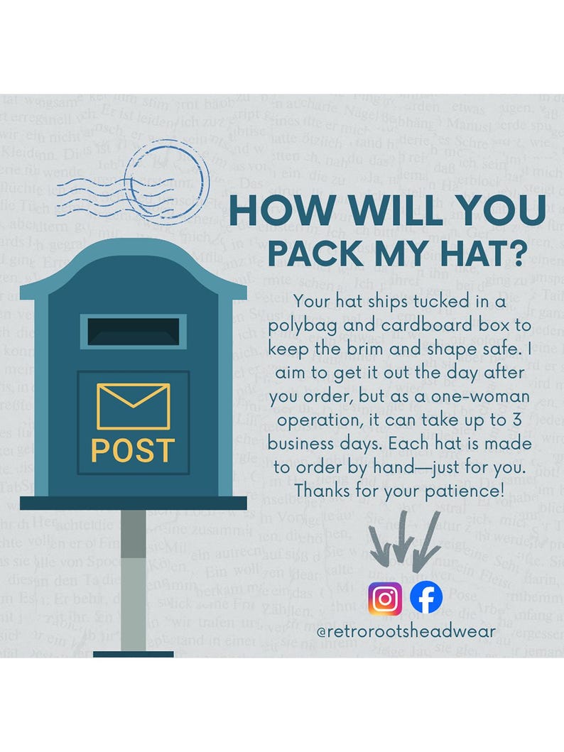 Puede incluir: Gr&aacute;fico ilustrado con el texto "&iquest;C&Oacute;MO EMPAQUETAR&Aacute;S MI SOMBRERO?" presenta un buz&oacute;n azul con un letrero dorado "POST". El texto explica el env&iacute;o de sombreros en una bolsa de pl&aacute;stico y caja de cart&oacute;n.