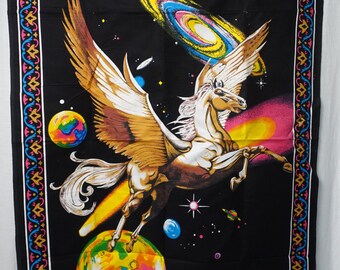 Vintage 80's PEGASUS Horse GALACTIC RAINBOW Planets Fantasy Tapestry Road Side Street Fair Wall Hanging Cotton Fabric Poster Print