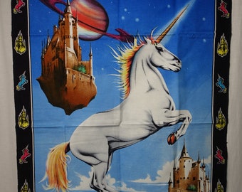 Vintage 80's UNICORN Horse CASTLE SATURN Planet Fantasy Tapestry Road Side Street Fair Wall Hanging Cotton Fabric Poster Print