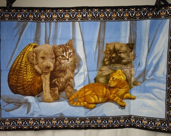 Vintage 80's PUPPIES & KITTENS Tapestry Road Side Street Fair Wall Hanging Cotton Fabric Poster Print Cat Dog