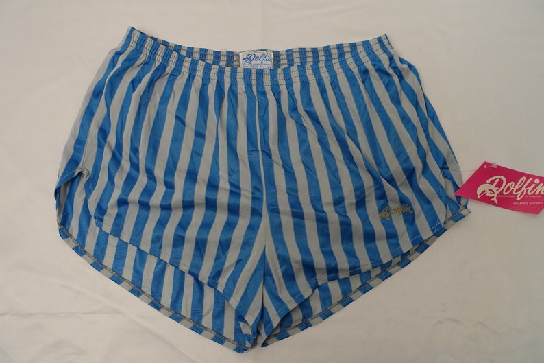 DOLFIN Vintage 80/'s Nylon Stripe Running Jogging High-Cut Athletic Sport SHORTS Women/'s Sz-M Richard Simmons
