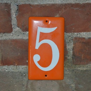 ORANGE Vintage INDUSTRIAL French ENAMEL Metal House Numbers Street Address Mailbox Modern Retro Mid Century