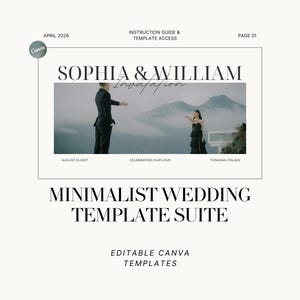 Könnte beinhalten: Ein minimalistisches Hochzeitstemplate-Set mit den Namen "Sophia & William" und dem Text "Invitation". Das Bild enthält ein Foto eines Paares und den Text "Celebrating Our Love". Bearbeitbare Canva-Vorlagen.