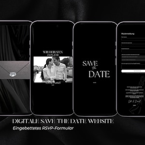 Digitale Save the Date Hochzeit | Minimal Wedding Website Canva Vorlage | Schwarze Einladung mit RSVP | Editable Wedding Website Template