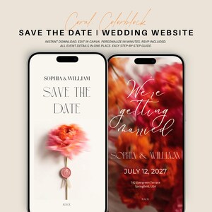 Könnte beinhalten: Zwei Smartphones zeigen eine digitale Vorlage für eine Hochzeitseinladung und Website. Der linke Bildschirm zeigt eine korallenfarbene Blume mit einem Wachssiegel und den Text Sophia & William Save The Date. Der rechte Bildschirm zeigt einen floralen Hintergrund mit dem Text We're getting married, Sophia & William, July 12, 2027, und 742 Evergreen Terrace, Springfield, USA.