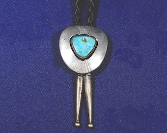 NATIVE AMERICAN Sterling Stamped Domed Turquoise Handmade Vintage SHADOWBOX Bolo Tie