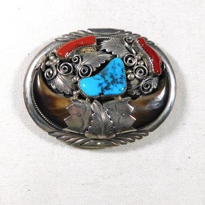 Sterling Silver Turquoise Belt Buckle - Signed JW NAVAJO INDIAN BUCKLE (JW TOADLENA) - R. G. Munn Auction LLC main image 2