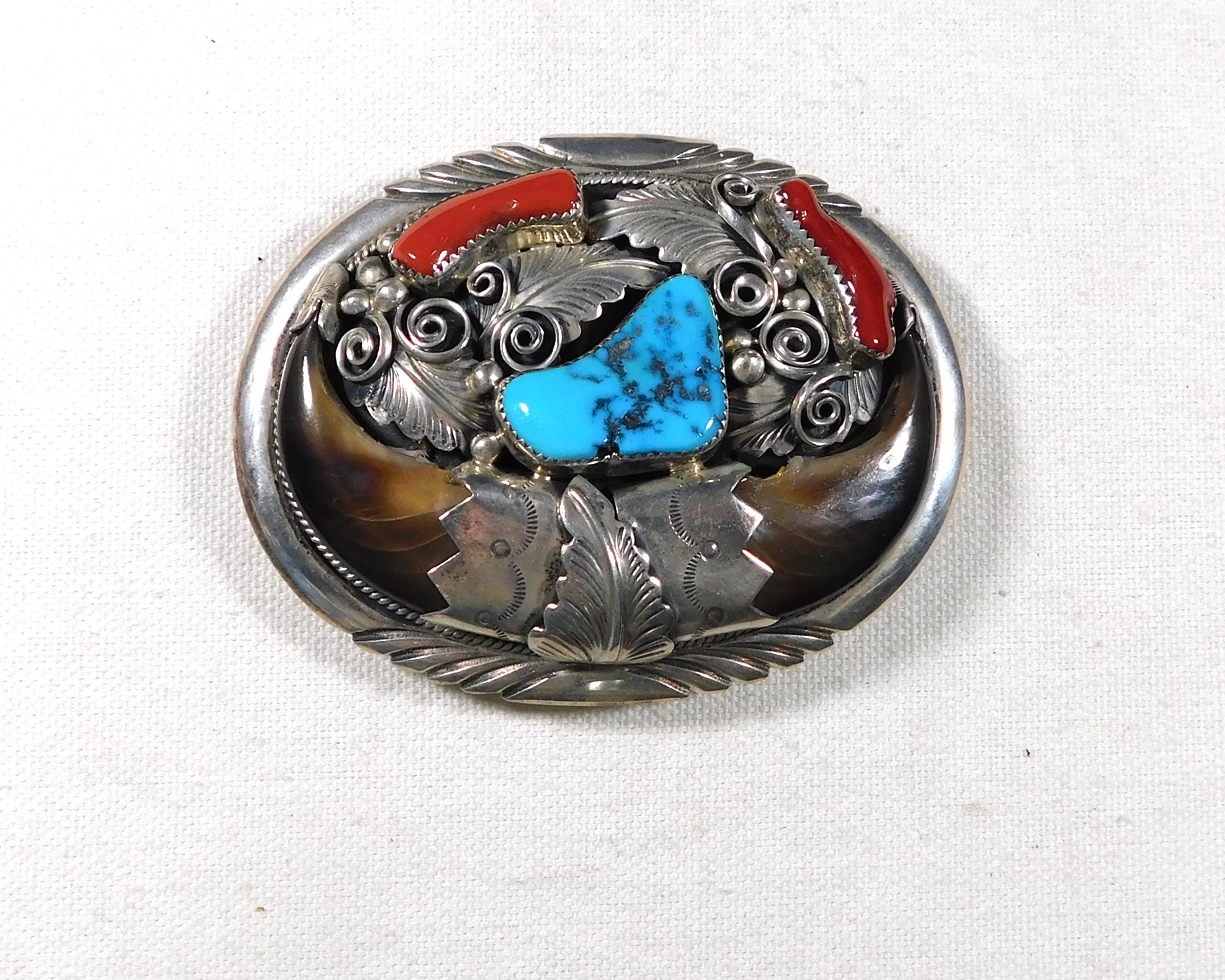 VINTAGE J. TOADLENA STERLING SILVER, TURQUOISE NAVAJO BELT BUCKLE Chimayo Trading Navajo Rugs Pueblo Pottery Fine ArtTurquoise  main image 3