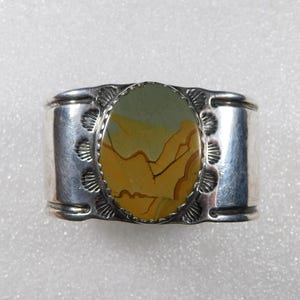 Hopi MORRIS TALAWYTEWA ROBINSON (Deceased 1987) Sterling Stamped Landscape Jasper Handmade Vintage Man&#39;s Heavy Cuff Bracelet Estate
