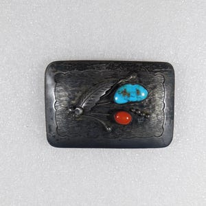 NAVAJO ROY VANDEVER Sterling Turquoise Coral Handmade Vintage Belt Buckle Estate