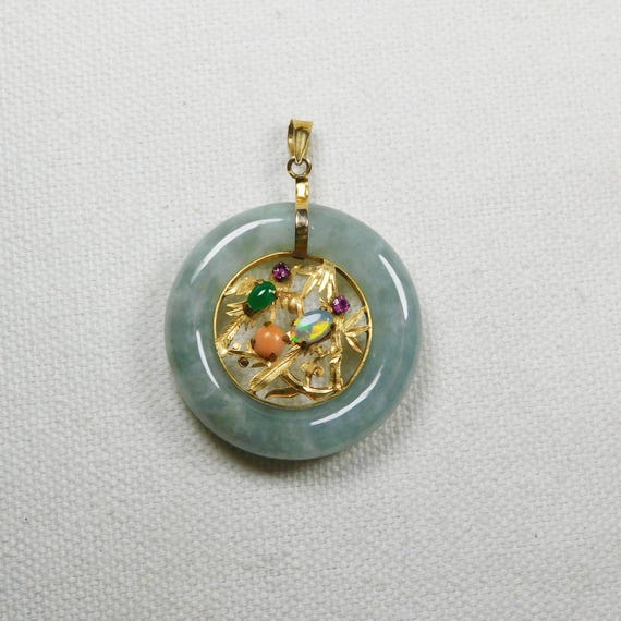 Artisan 14K GOLD, JADE, Fire Opal, Coral, Rubies PENDANT, Estate