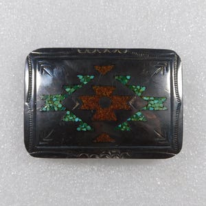 NAVAJO Sterling Cut Out Overlay Stamped Domed Chip Inlay Handmade Vintage Rug Pattern BELT BUCKLE Estate