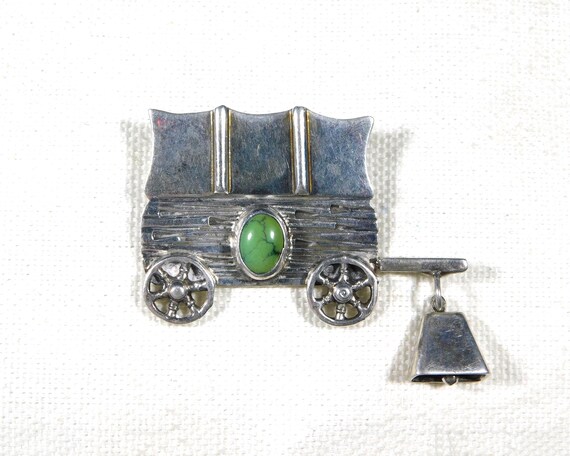 GARY SANCHEZ Sterling Turquoise Handmade Vintage Covered Wagon pin.