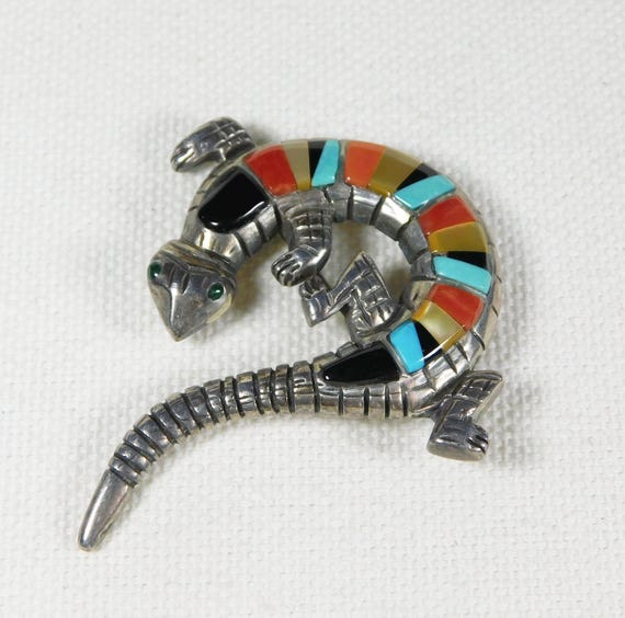 STERLING, Multi STONE Inlay 'Reptile' Native Amer… - image 2