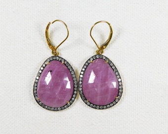 18K GOLD Clips, Pale Faceted RUBIES, Tiny DIAMONDS, Sterling Pendant Earrings, Estate