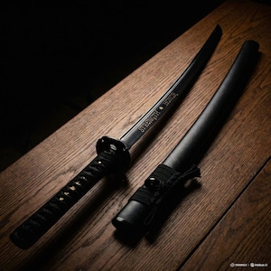 May include: A black katana sword with a matching scabbard, resting on a wooden surface. The blade is inscribed with the words "Strength • Honor." The handle is wrapped in black material, and the scabbard has a black cord wrap.