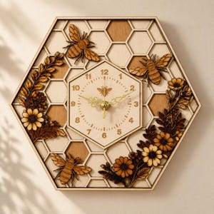 May include: A hexagonal wooden wall clock featuring a honeycomb pattern background, three carved wooden bees, and floral accents. The central clock face displays numbers one through twelve, a small bee icon, and ornate gold-colored metal clock hands.
