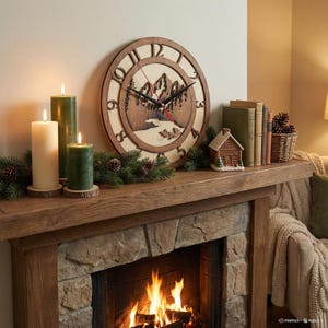 Mountain Forest Wooden Wall Clock: Rustic Cabin Decor