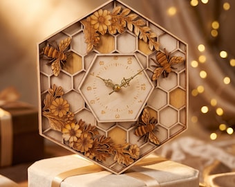 Layered Wood Honeycomb Clock | Bees, Floral Design, Hexagon Wall Art