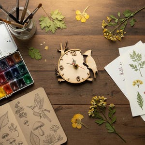 Mini Bird Desk Clock: Layered Basswood, Cottagecore Decor