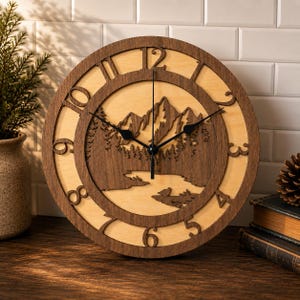 Mountain Forest Wooden Wall Clock: Rustic Cabin Decor