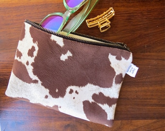 Cowhide Makeup Pouch Western Animal Print Zip Bag Brown Holstein Western Zipper Toiletry Clutch Gift for Dairy Farmer's Wife Faux Cow Print