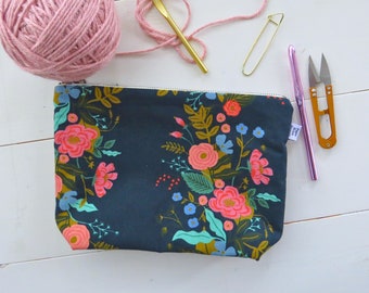 Navy Flower Canvas Zipper Bag Large Rose Floral Pouch Knitting Craft Accessory Case Cosmetic Organizer Rifle Paper Co. English Garden