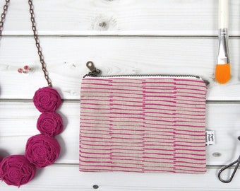 Linen Lace clutch SMALL  - BERRY - pink canvas cosmetic bag, passport case, valentines gift clutch coin purse zipper pouch