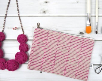 Linen Lace clutch  zipper pouch MEDIUM  - BERRY - pink canvas cosmetic bag, passport case, valentines gift makeup bag
