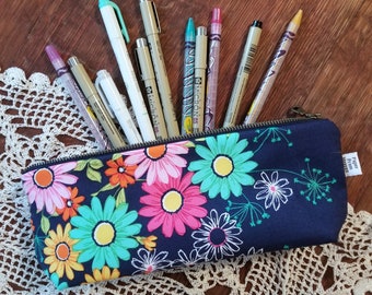 Brush Bag - Sketch Daisy - pencil bag, small cosmetic bag, pencil case, travel bag, zipper pouch, makeup brush holder
