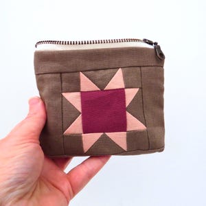 Pink + Brown Sawtooth Star Zipper Pouch • Patchwork Notion Case • Little Sewing Kit • Mini Heirloom Zip Bag • Quilted Handmade Gift
