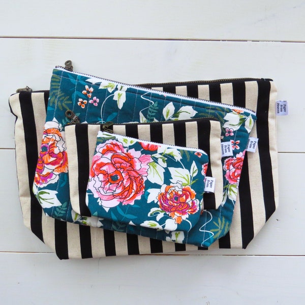 Ensemble matelassé assorti, sacs de voyage à fermeture éclair Choisissez votre propre trousse de toilette personnalisée Choisissez votre modèle Rayures + fleurs Ensemble vacances Camélia