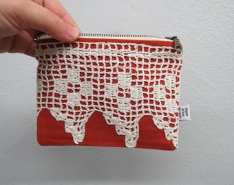 Linen Lace clutch SMALL - burnt orange - vintage cotton lace, linen cosmetic bag, passport case clutch zipper pouch