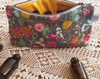 Floral Essential Oil Holder Mustard Flower 7 Slots Roller Bottle Pouch Steel Grey Holistic Storage Bag Travel Size Budquette Nightfall