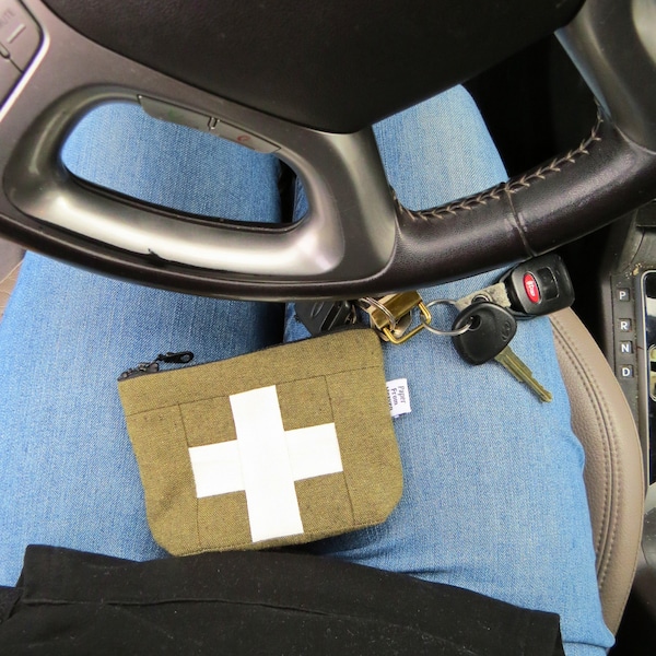 Olive Green Pocket-Sized Swiss Cross Emergency Kit - Small Travel First Aid Pouch Organizer Gift for New Driver