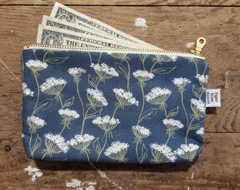 Queen Anne's Lace Metal Zipper Bag Blue Flower Cotton Pouch White Floral Organizer Wildflower Cash Wallet Handmade Zipper Case