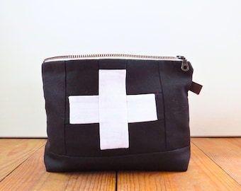 Black Medium First Aid Bag • Swiss Cross Design • Emergency Travel Kit for Car • First Aid Supplies Organizer • Summer Camp Essentials