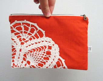 Linen Lace clutch zipper pouch MEDIUM  - pumpkin orange - vintage cotton lace, linen cosmetic bag, passport case